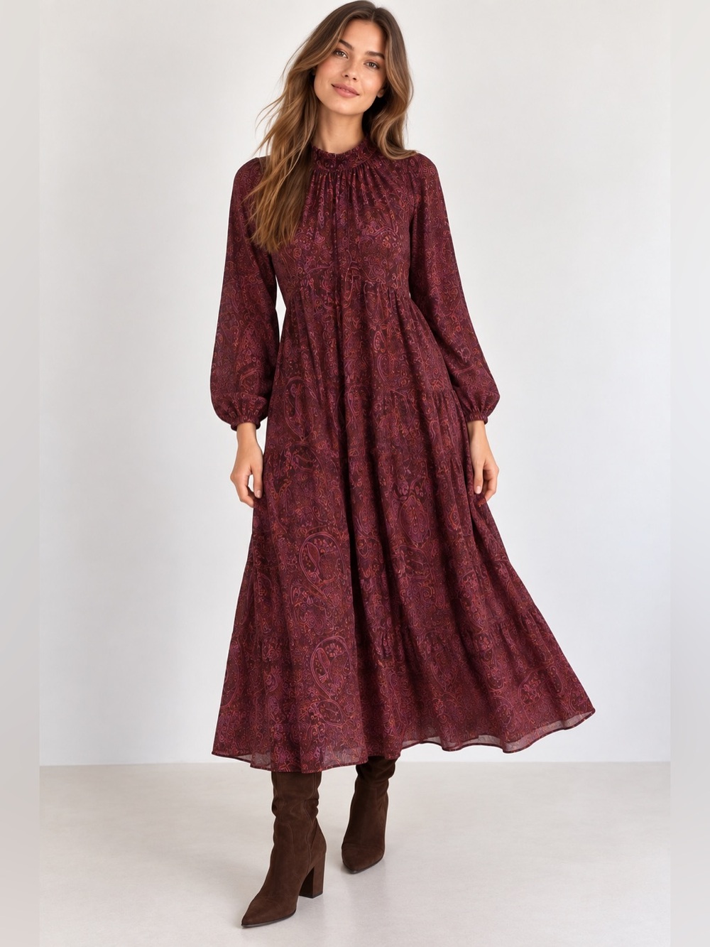 A New Day Burgundy Paisley Long Sleeve Maxi Dress Size S